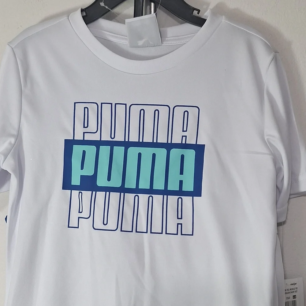 Puma Kids Tee Tank Shorts Set White and Blue Logo 3 Piece Set